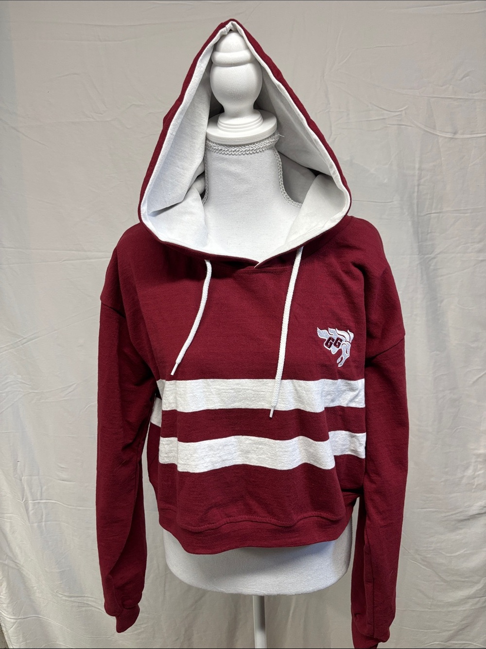 Cropped Maroon Hooded Sweatshirt with White Stripe Detail
